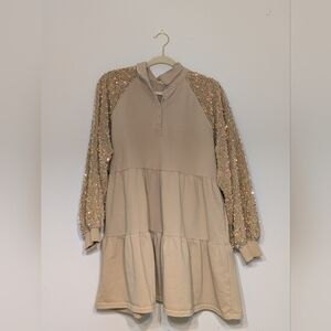 Boutique Beige Dress with Sequin Sleeves Medium